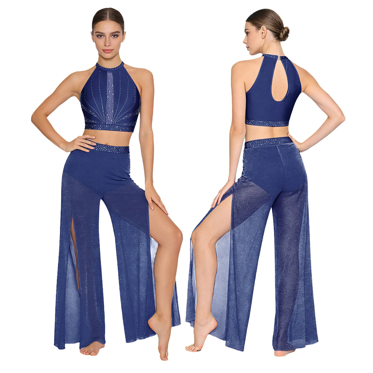 Women's Dance Performance Costume – Shiny Crop Top & Sheer Pants for Skating, Gymnastics & Ballet