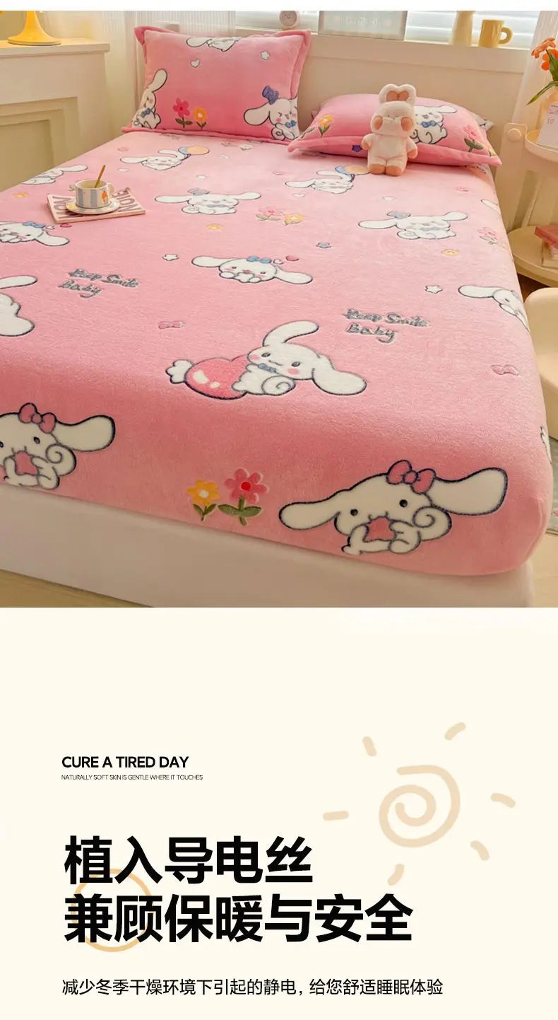 Flannel Fleece Fitted Bed Sheet – Warm Cartoon Purple, Elastic Single to King, Winter Bedsheet