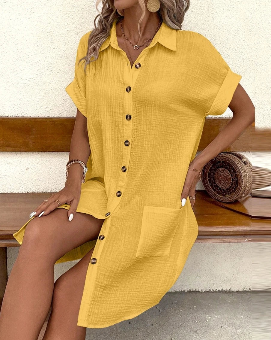 V-Neck Cotton Linen Mini Dress — Three-Quarter Sleeve Casual Holiday Dress