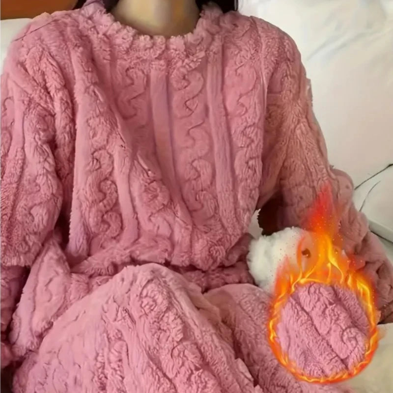 Women's Soft Coral Velvet Jacquard Pajama Set | Cozy Winter Loungewear Christmas Valentine's Gift