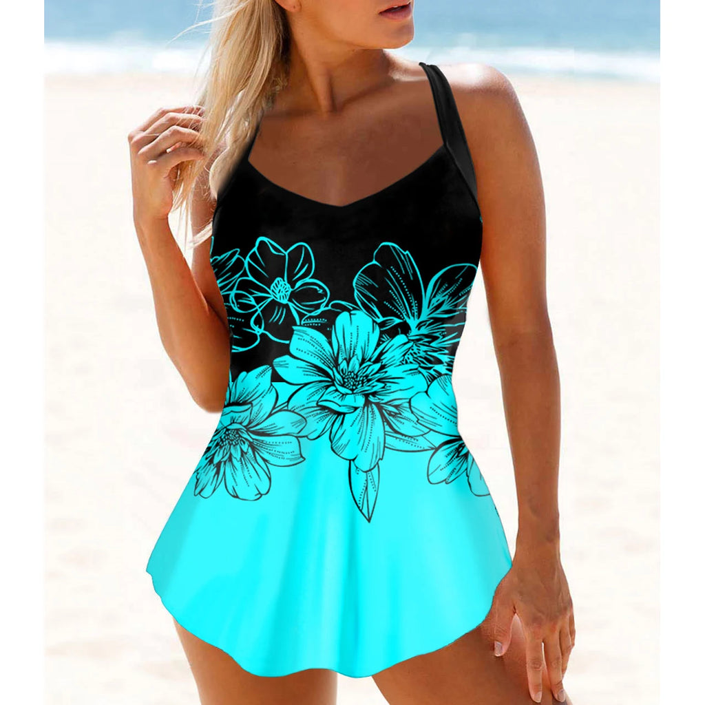 Women's Peony Print Bikini Tank Top Two-Piece Set — Hollowed Out Floral Swimsuit S–6XL
