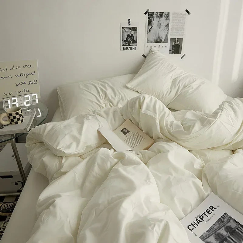 Solid Color Washed Cotton Bedding Set – 4-Piece Duvet Cover, Bed Sheet & Pillowcases, Twin to King