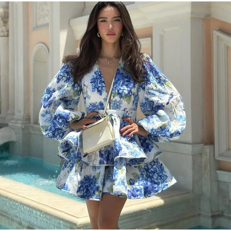 Tie-Dye 3D Flower Mini Dress — Deep V-Neck Flare Sleeve Holiday Dress