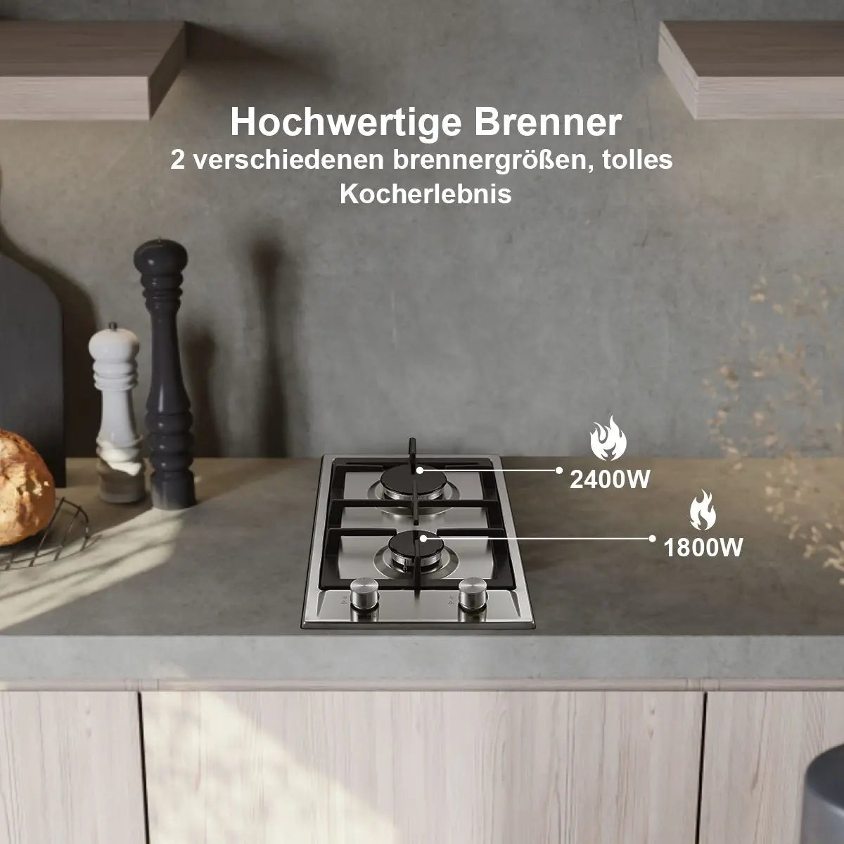 Stainless Steel 2-Burner Gas Hob – Automatic Flame Protection, Dual Fuel Natural Gas/Propane, Built-in or Freestanding, 2400W