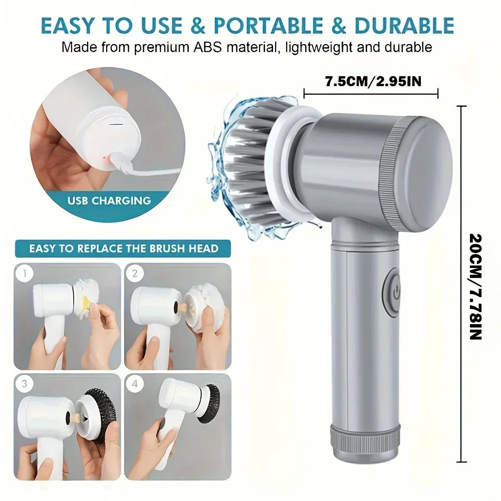 Electric Spin Scrubber – 5 Replaceable Brush Heads, 1500mAh Rechargeable, 450 RPM Cordless Cleaning Brush