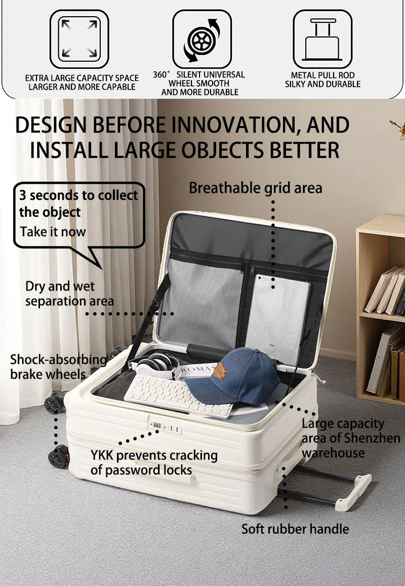 Expandable Front-Opening Suitcase – Cup Holder & Spinner Wheels
