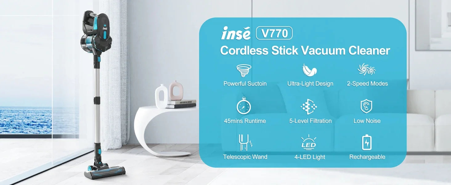 INSE V770 Cordless Handheld Vacuum Cleaner — 6-in-1 20KPa Lightweight Stick Vacuum with Flexible LED Headlights for Carpet & Bed