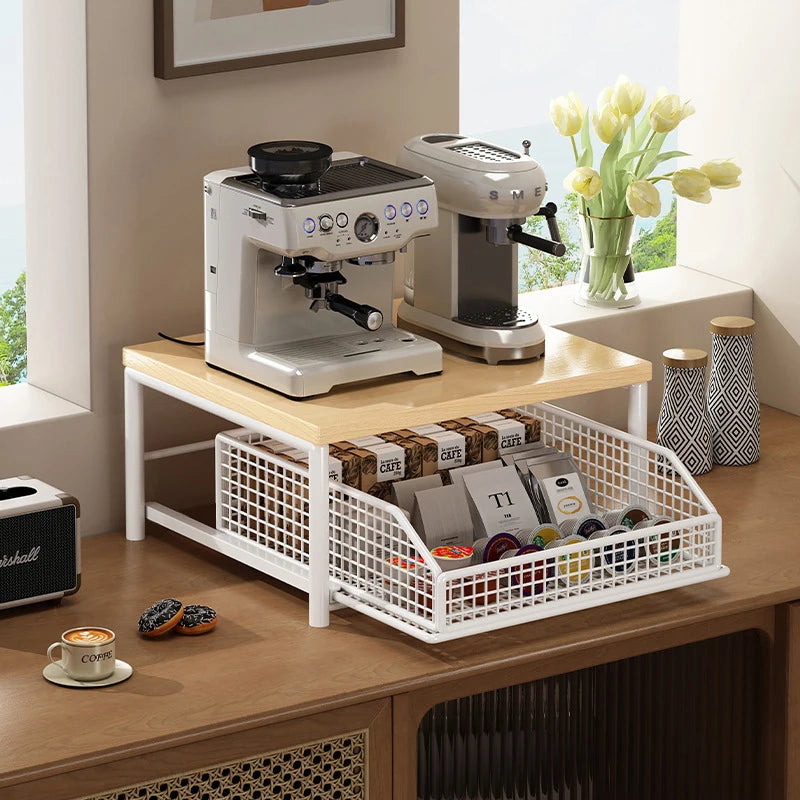 2-Tier Iron Countertop Organizer Shelf with Pull-Out Basket – Multi-Use Stand for Coffee Machine, Microwave & Spices