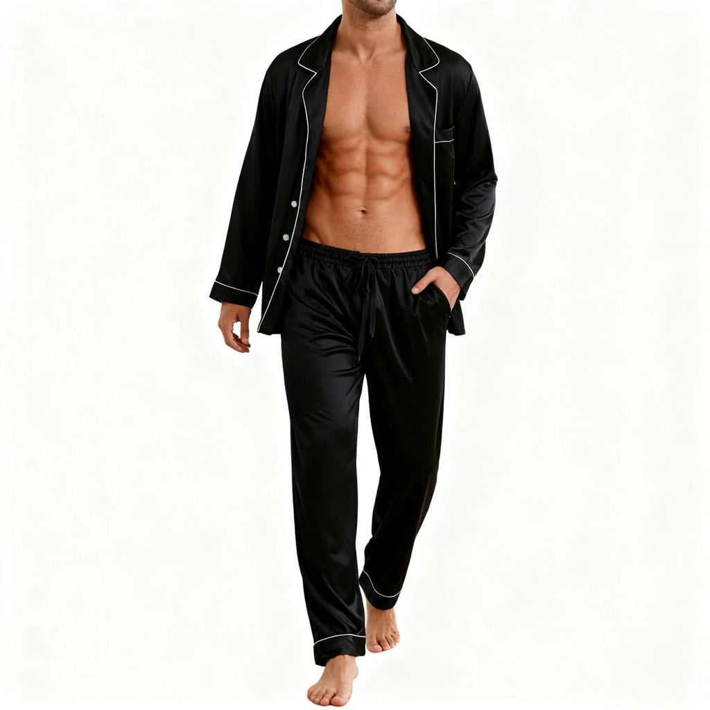 Men's Luxury Contrast Trim Pajama Set — Long Sleeve Top & Pants