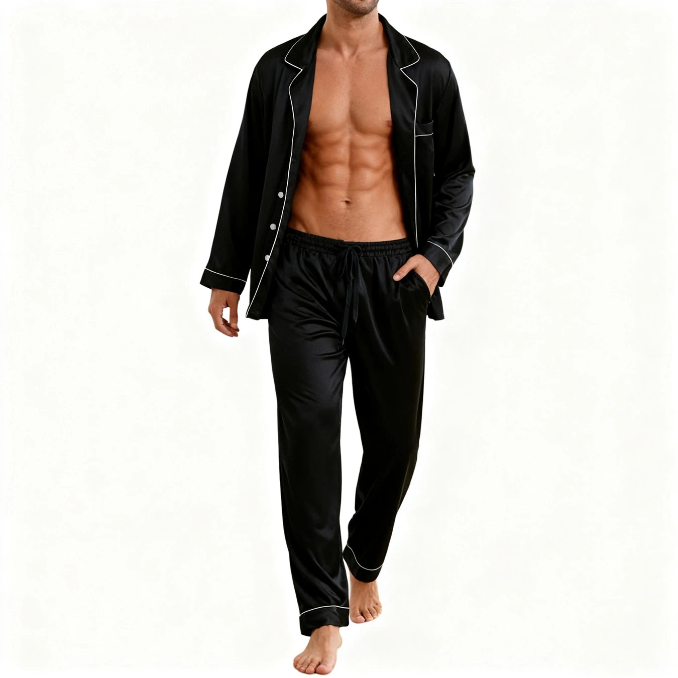 Men's Luxury Contrast Trim Pajama Set — Long Sleeve Top & Pants