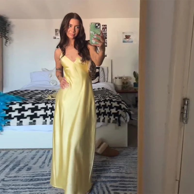 Butter Yellow Satin Bias Cut Lace Patchwork Midi Dress – V-Neck Backless Y2K Party Dress