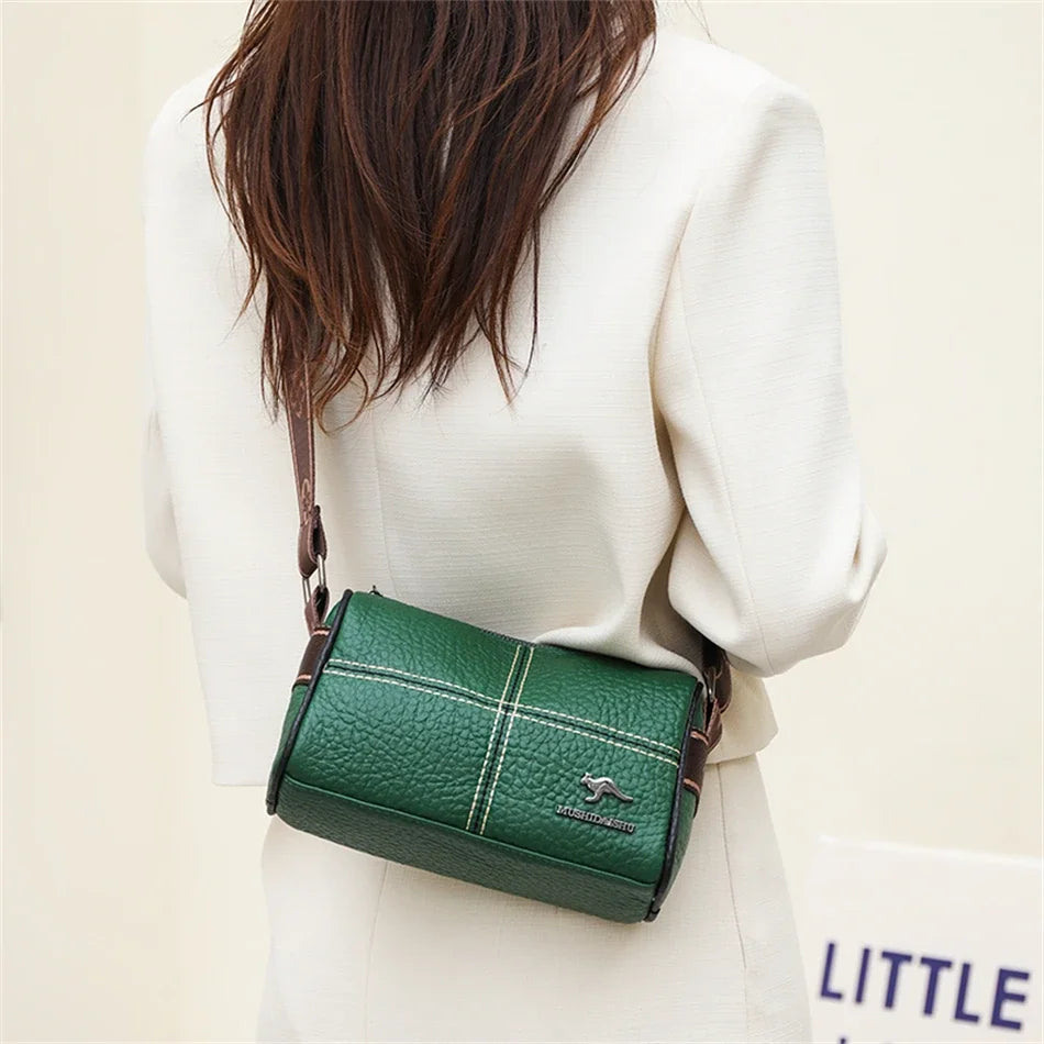 Luxury Genuine Leather Barrel Crossbody Bag – Sequin Shoulder Messenger Bag for Women