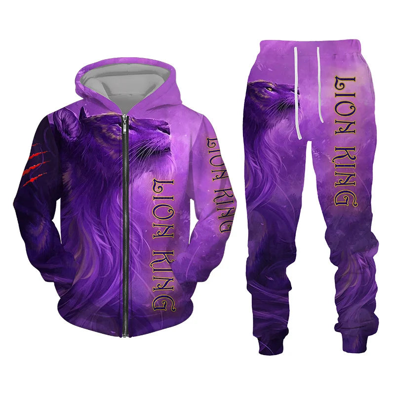 Men's 3D Lion Print Zip-Up Hoodie & Elastic Waist Pants Tracksuit Set