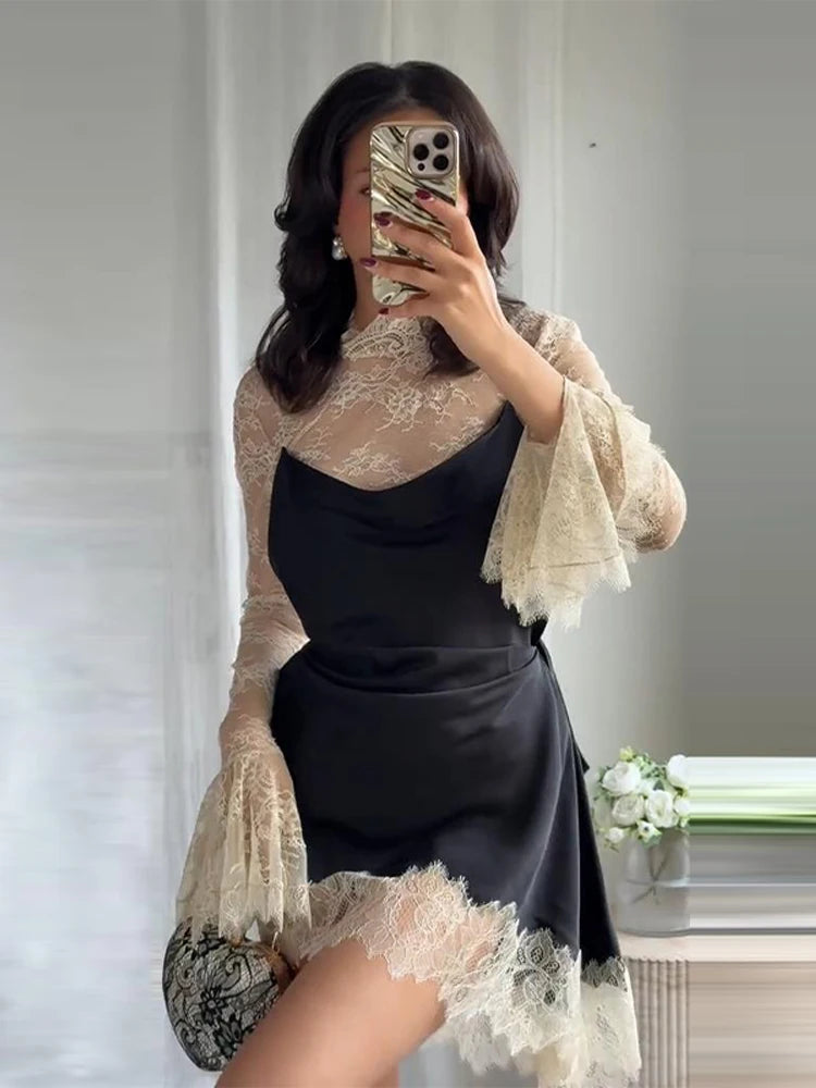 Lace Trim Satin Mini Dress — High Neck Color Block Y2K Party Clubwear