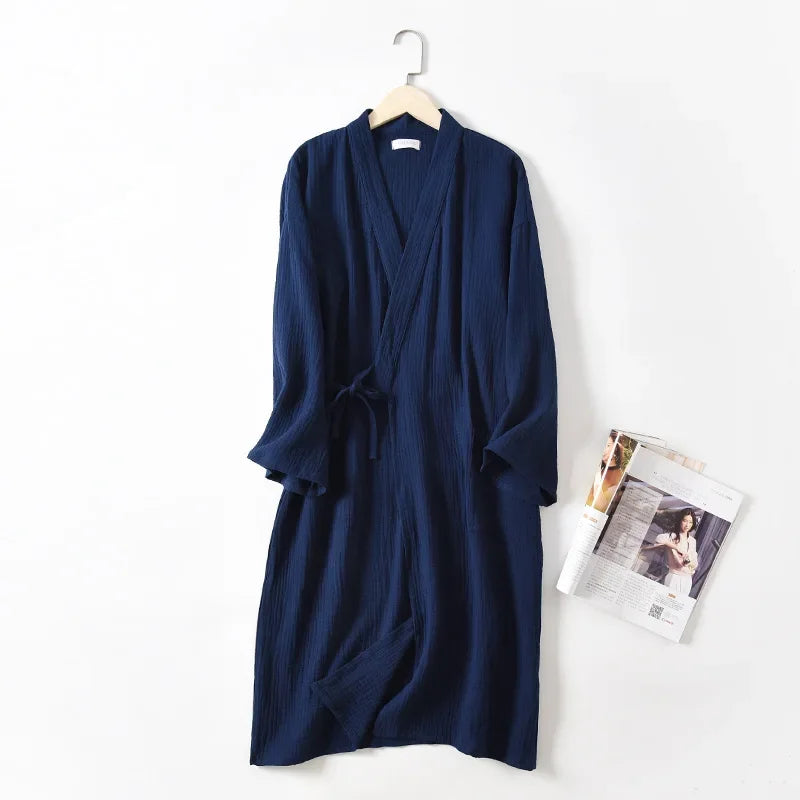 Couples 100% Cotton Crepe Gauze Robe | Long-Sleeve V-Neck Kimono Wedding Bathrobe