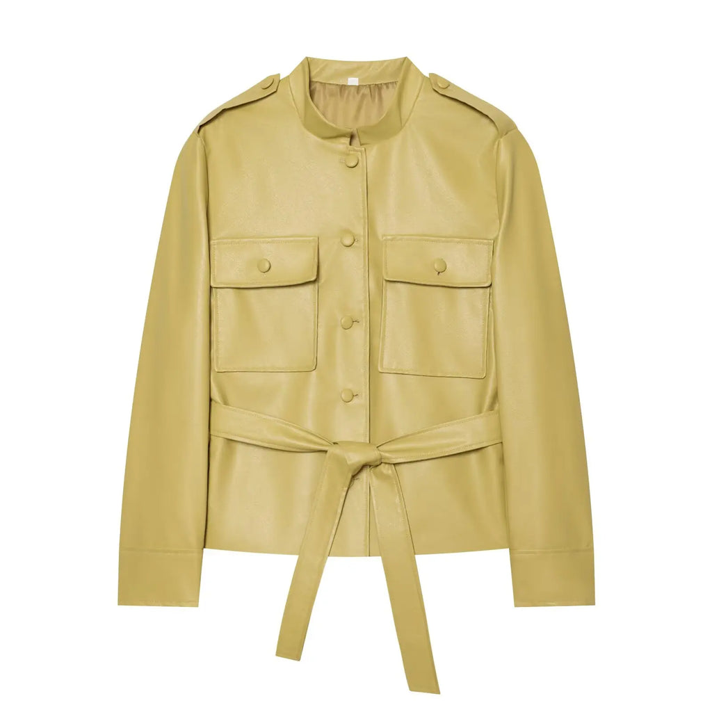 Women's Belted Jacket – Stand Collar Button Front