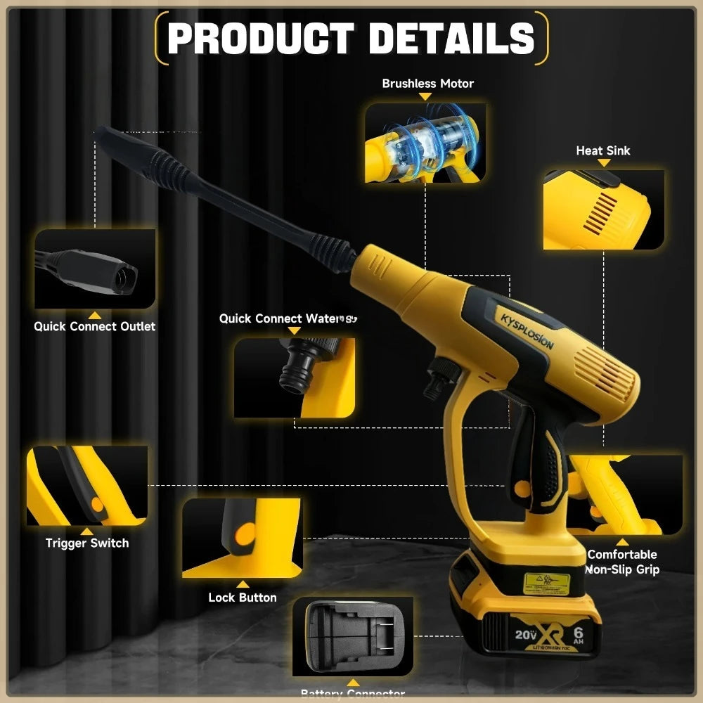 380W Cordless Brushless Pressure Washer – 653PSI, 3-Speed, Compatible with DeWalt 20V Battery (Battery Not Included)