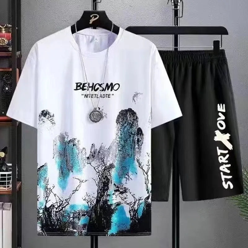 Men's Manga Graffiti Print T-Shirt & Shorts Set – Breathable Summer Leisure 2-Piece