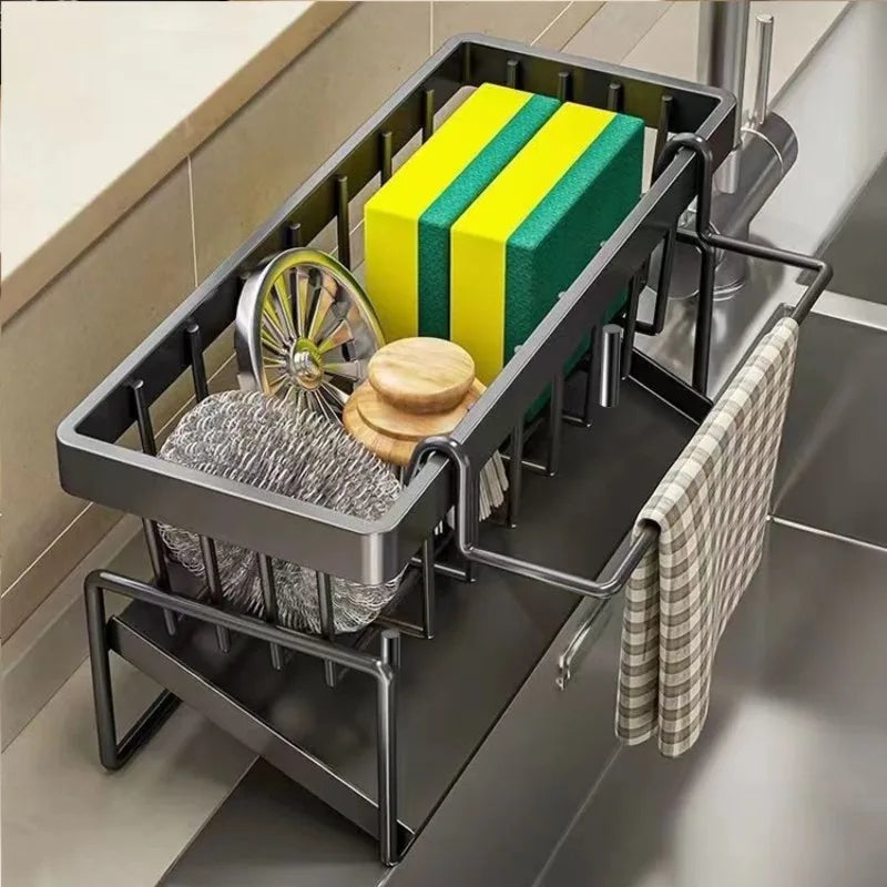 Kitchen Sponge Holder & Sink Drain Rack – Dish Cloth & Scrubber Organizer with Hanging Hook
