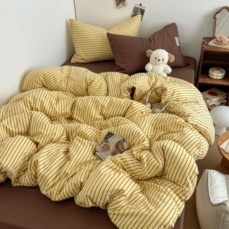 Stripe Print Washed Polyester Bedding Set – 3 or 4-Piece Duvet Cover with Sheet & Pillowcases, 6 Colors