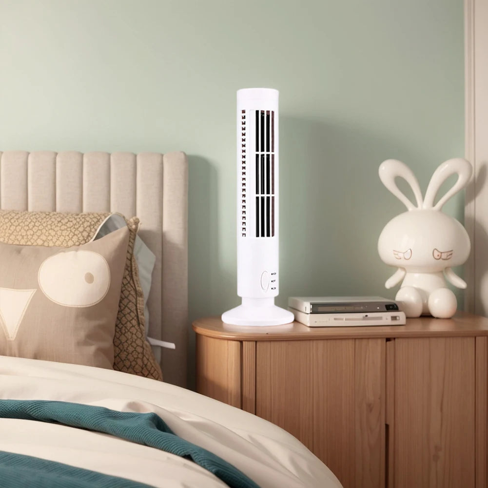 LED Bladeless Tower Fan — USB Powered, 2-Speed, Safe for Kids & Pets, Space-Saving Design