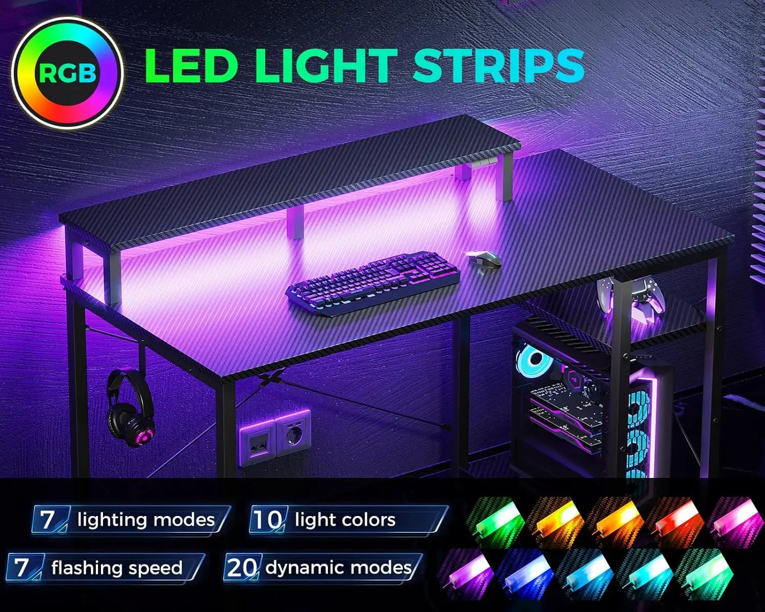 40 Inch Small Gaming Desk with LED Lights & Storage Shelf — Reversible Gamer Desk with Monitor Stand