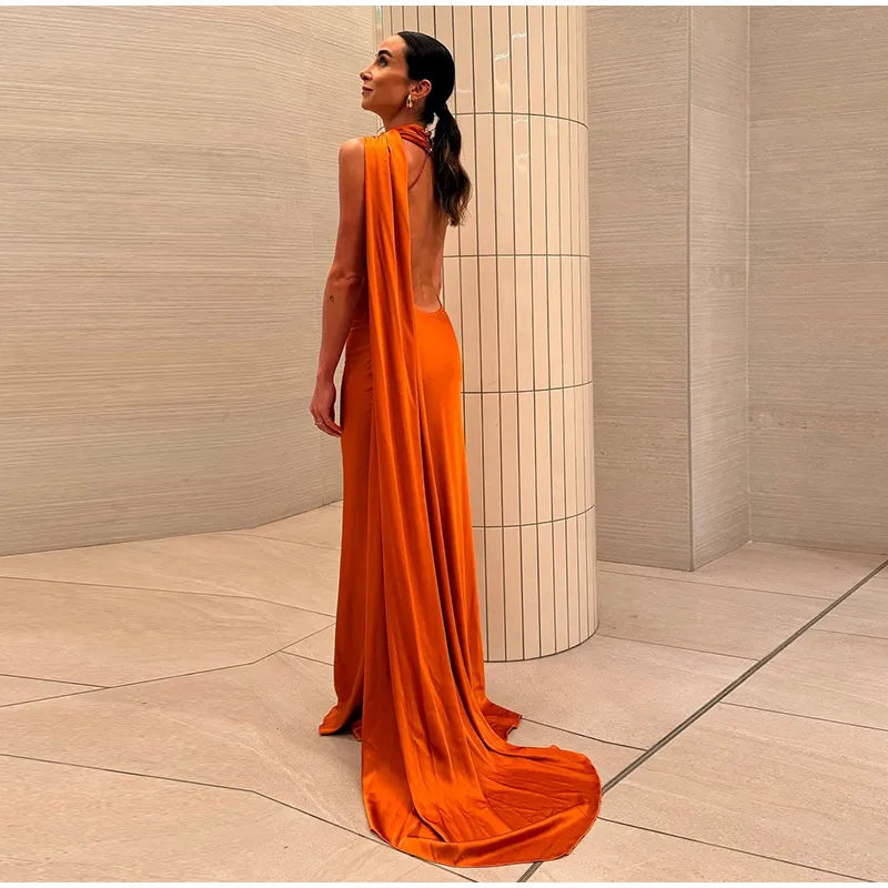Sexy Satin Halter Backless Party Dress – Off Shoulder Sleeveless Solid Robe Gown 2026