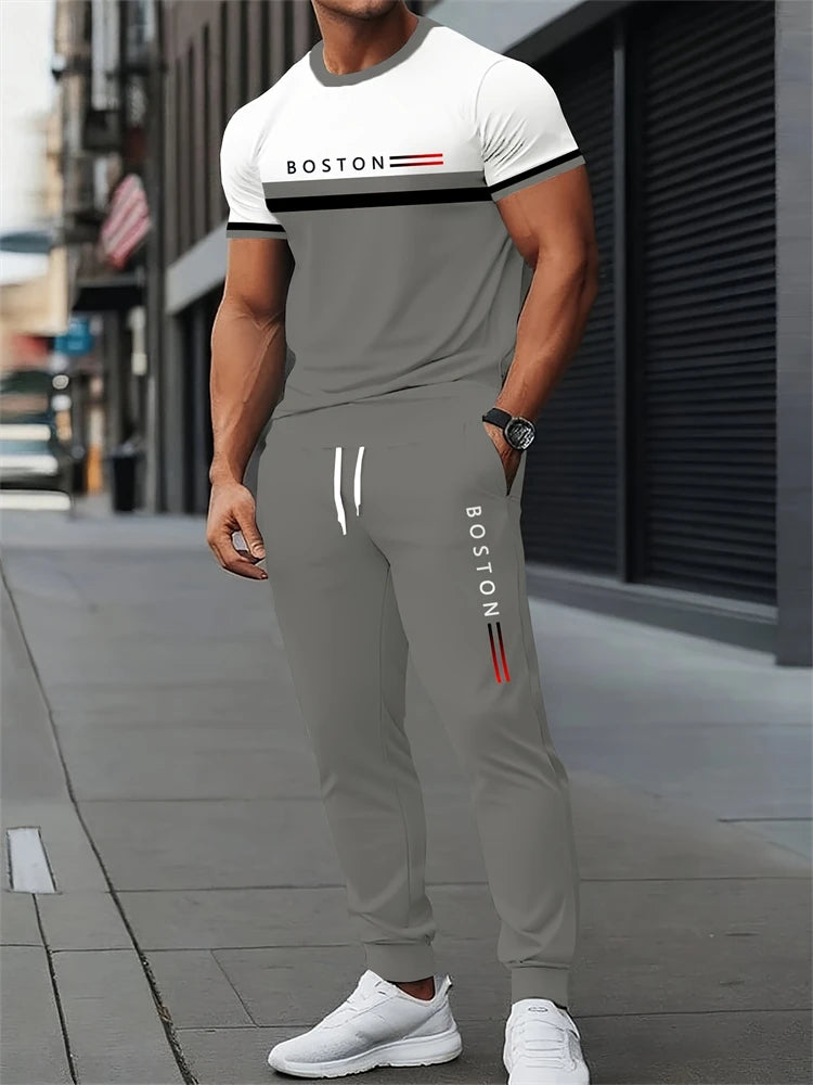 Men's Letter Print Round Neck Short Sleeve & Drawstring Long Pants Plus Size 2-Piece Outfit