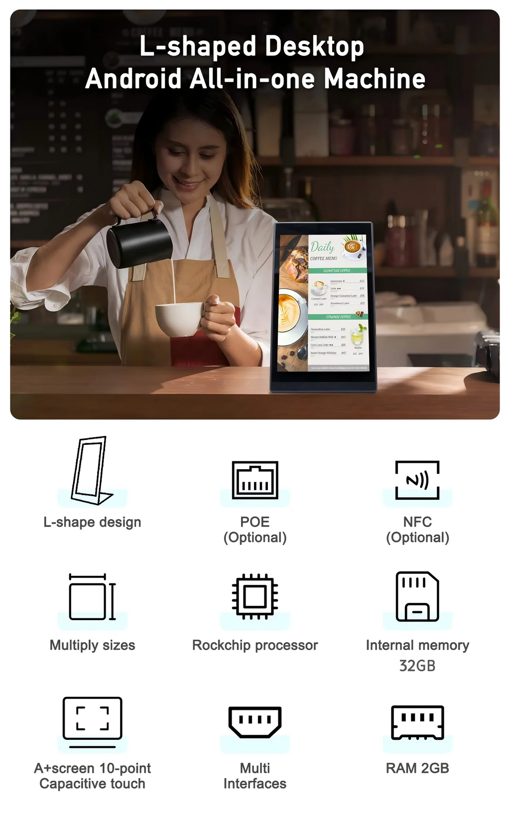 Android 13 Vertical Touch Screen POS Kiosk – 10.1", RK3568, 2GB RAM, Wi-Fi, NFC