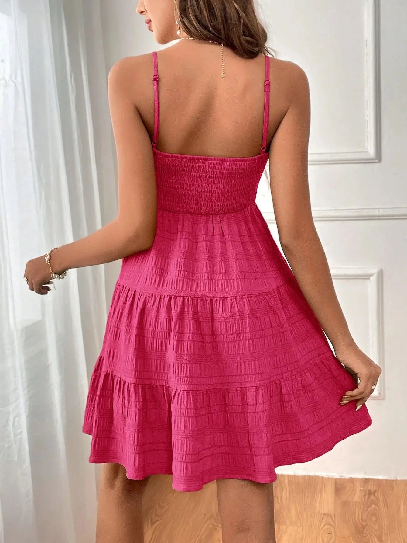 Women's Smocked Bustier Ruffled Tiered Swing Mini Dress – Spaghetti Strap Beach Vacation Dress