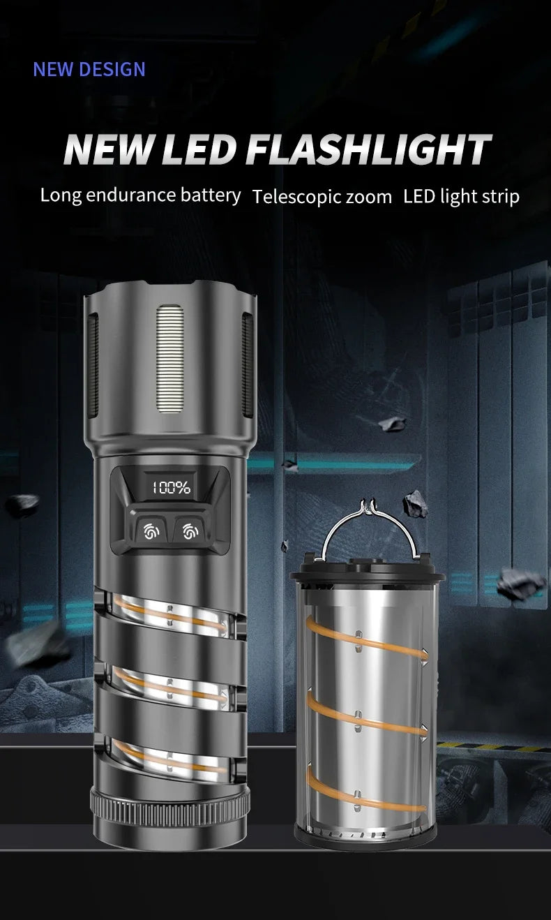 XHP360 Military-Grade 2-in-1 Super High Power Flashlight – 36-Core Zoomable Waterproof Rechargeable Torch with Safety Hammer