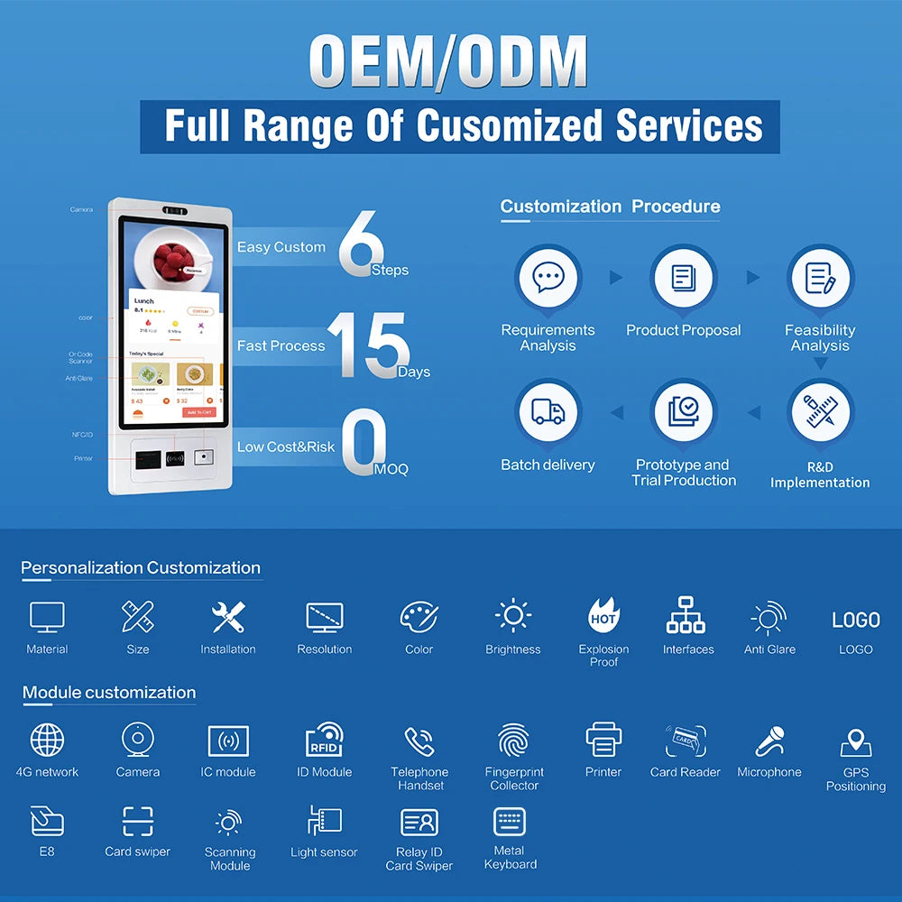 TouchWo Wall Mount Self-Service Kiosk AIO – 15.6"/21.5"/23.8", Android/Win 10/11, Checkout & Ordering