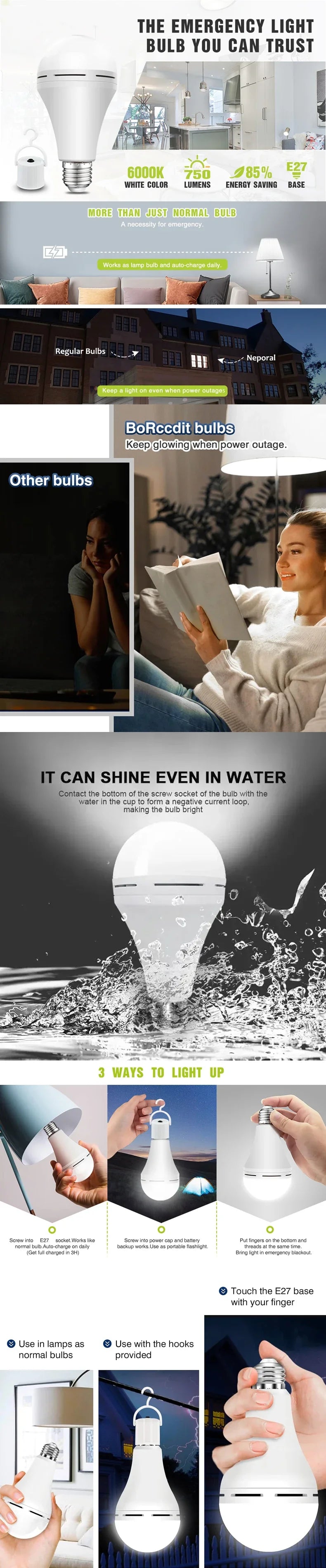 Rechargeable LED Emergency Bulb – 7W to 15W Portable Hanging Camping Lamp for Tent, Home & Power Outages