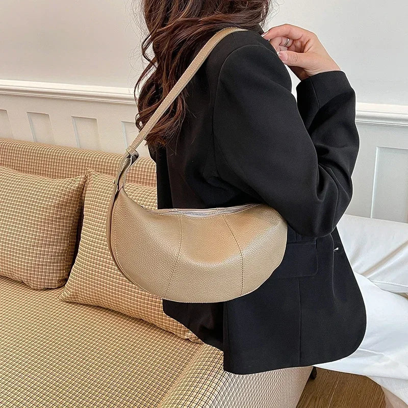 Badiman Genuine Cowhide Half-Moon Underarm Bag – Large Capacity Shoulder Crossbody Tote for Women