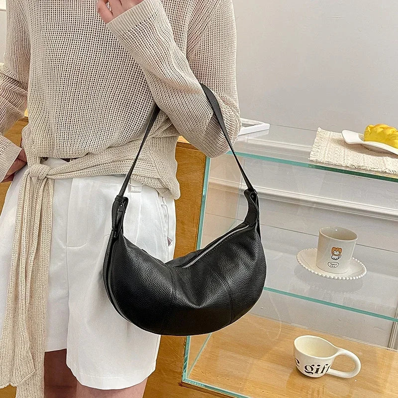 Badiman Genuine Cowhide Half-Moon Underarm Bag – Large Capacity Shoulder Crossbody Tote for Women