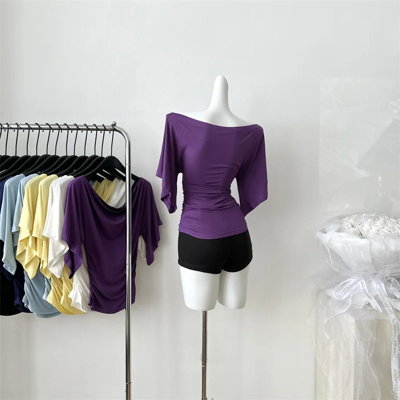 Women's Slash Neck Flare Sleeve Slim Pleated T-Shirt – Sexy Solid Color Pullover Top