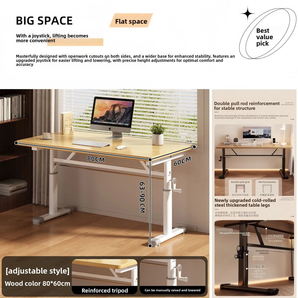 Manual Crank Height-Adjustable Computer Desk — Ergonomic Study Table, 65–95cm, Multiple Finishes