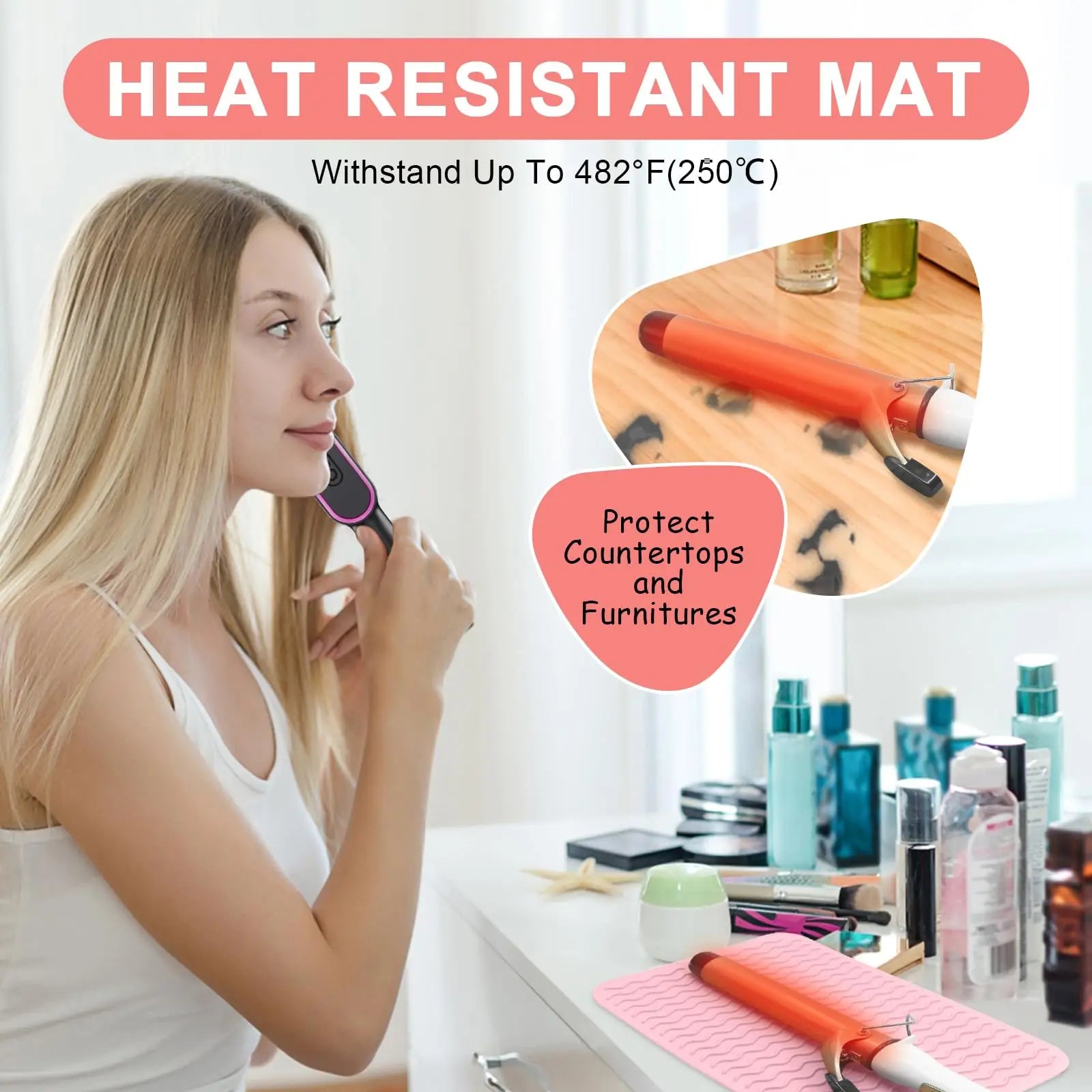 Silicone Heat Resistant Mat for Hair Tools — Flat Iron, Curling Wand & Straightener Pad, Travel-Friendly