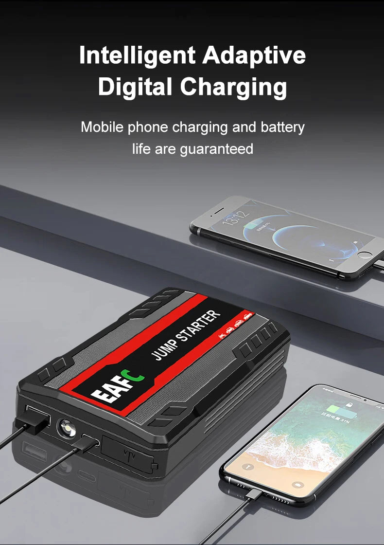 EAFC Portable Car Jump Starter — 600A–2000A Peak, 12V Battery Booster & Power Bank with LED Light