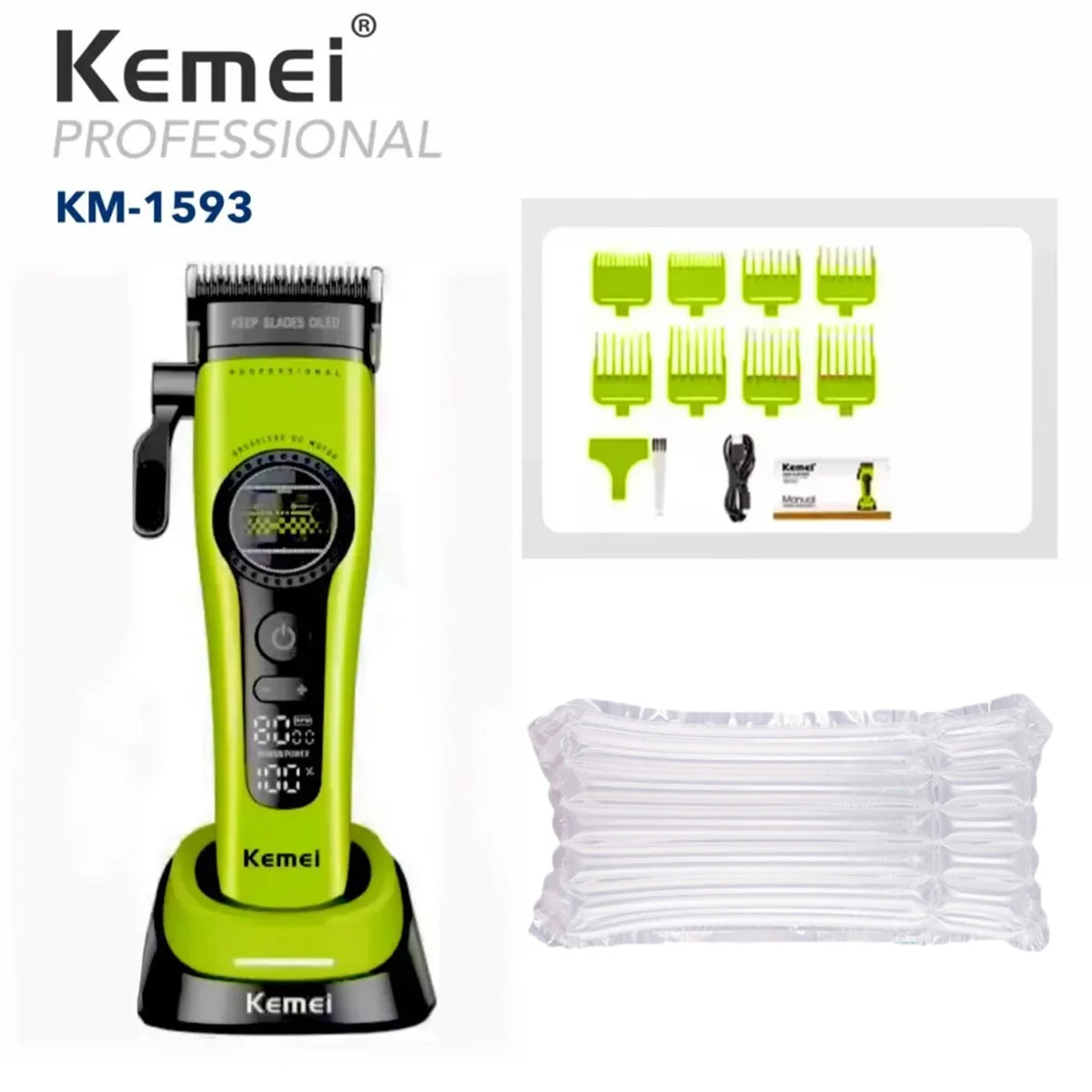 Kemei KM-1593 / KM-1595 Professional Brushless Clipper – 5-Speed, DLC Blade, 200-Min, USB-C