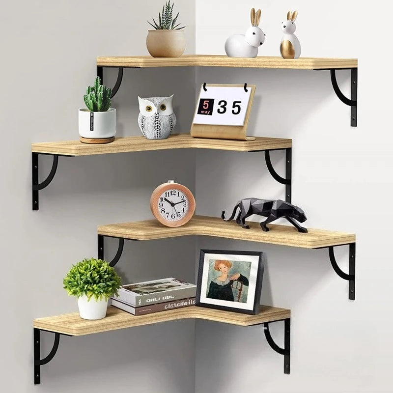 L-Shaped Wood Corner Floating Shelves — Wall-Mounted Bookshelf for Living Room, Bedroom & Kitchen