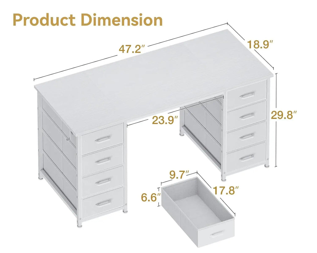 48" White Computer Desk with 8 Fabric Drawers — Large Storage Home Office, Study & Gaming Desk