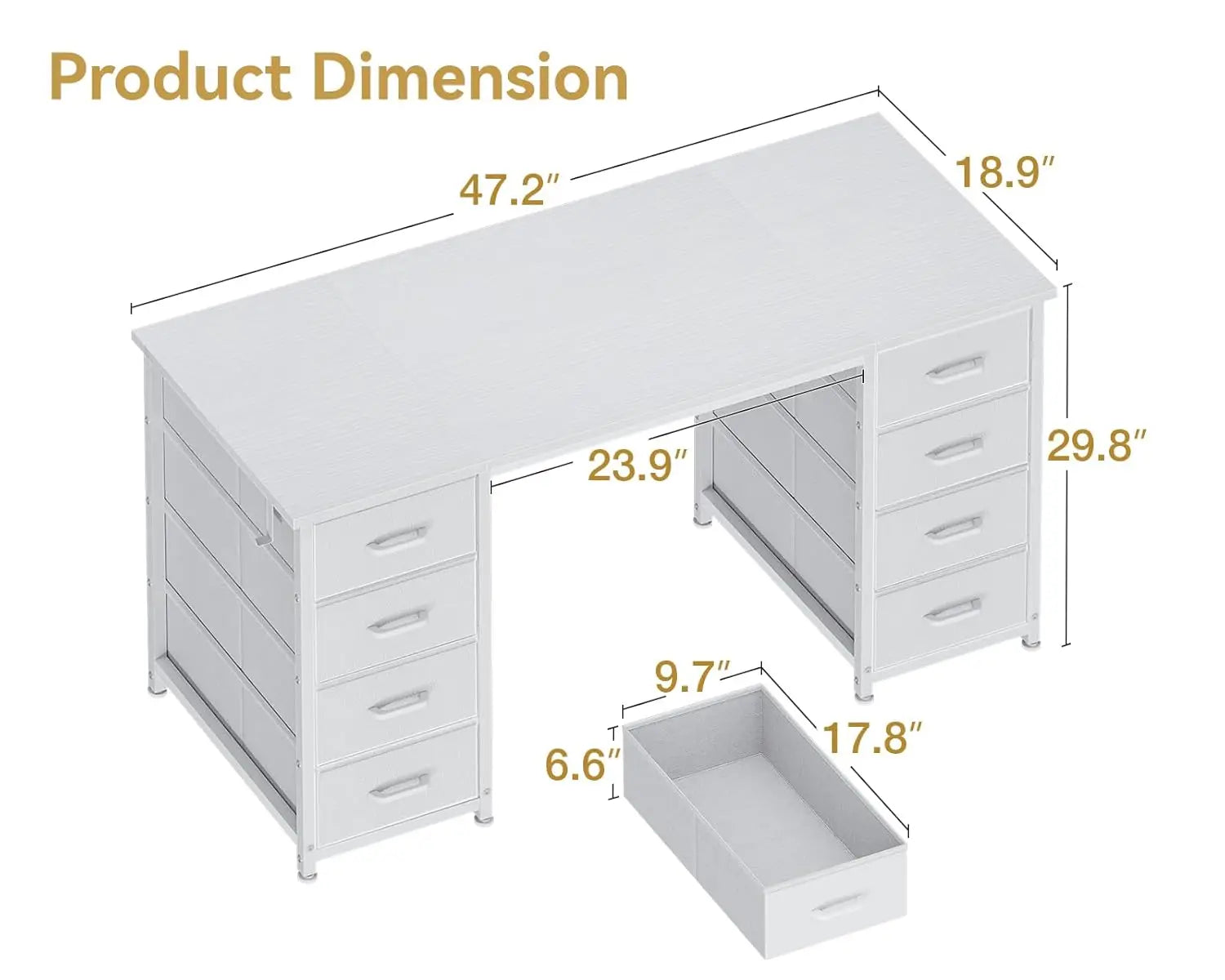 48" White Computer Desk with 8 Fabric Drawers — Large Storage Home Office, Study & Gaming Desk