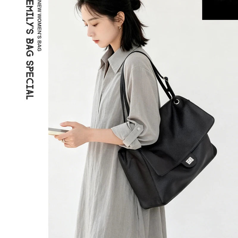 Head Layer Cowhide Leather Commuter Tote Bag – Large Capacity Crossbody Shoulder Bag for Women