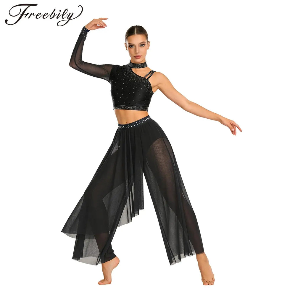 Women's Dance Performance Costume – Shiny Crop Top & Sheer Pants for Skating, Gymnastics & Ballet
