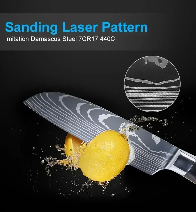 Damascus Kitchen Knife Set — Japanese Santoku, Cleaver, Slicing & Boning Knives