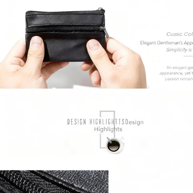 Black Leather Mini Coin Purse – Zipper Wallet & Key Card Holder for Men & Women