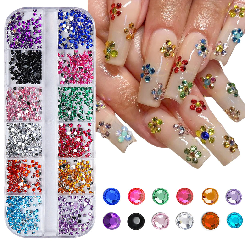 12-Grid Crystal Nail Art Rhinestones — Flatback Gemstone Decoration Set