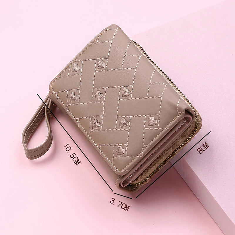Women's Tri-Fold Wallet – Embroidered Love Pattern, Multi-Slot Card Holder