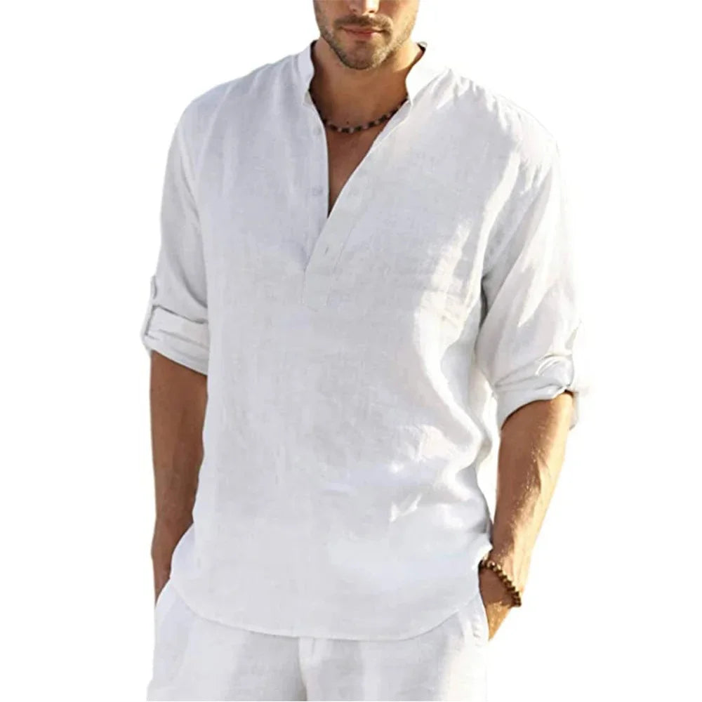 Men's Cotton Linen Long Sleeve Shirt — Loose Casual Blouse for Spring & Autumn